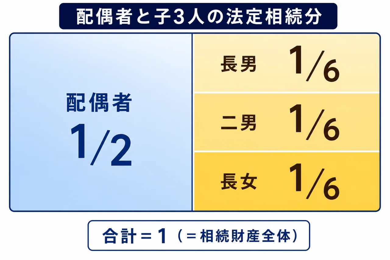 法定相続分の例 — 配偶者1/2、子3人で各1/6