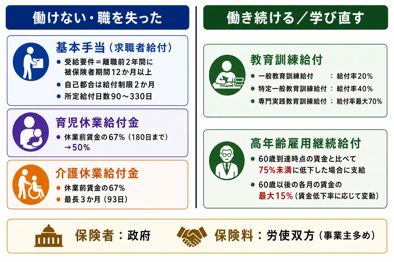 雇用保険の給付一覧 — 基本手当・育児休業・介護休業・教育訓練・高年齢雇用継続給付