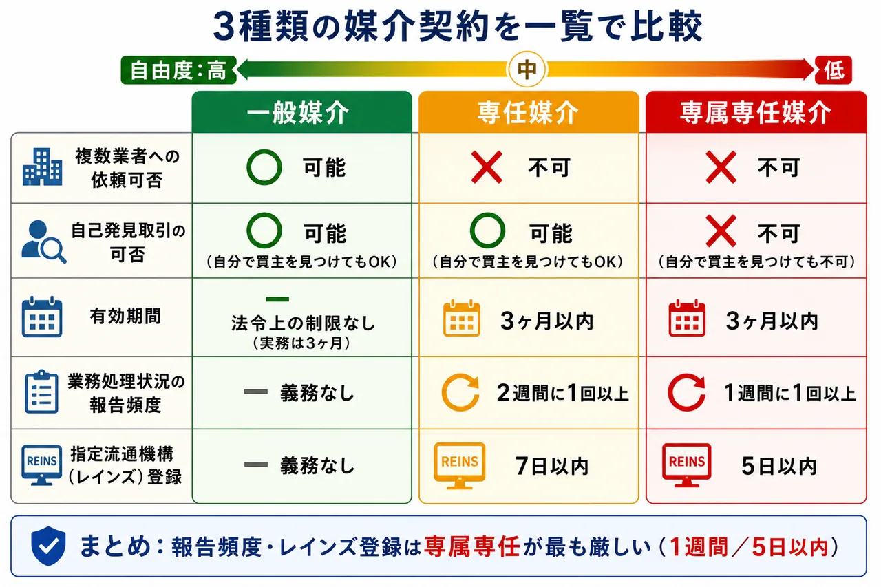 3種類の媒介契約の比較 — 一般媒介・専任媒介・専属専任媒介の自由度と義務の違い